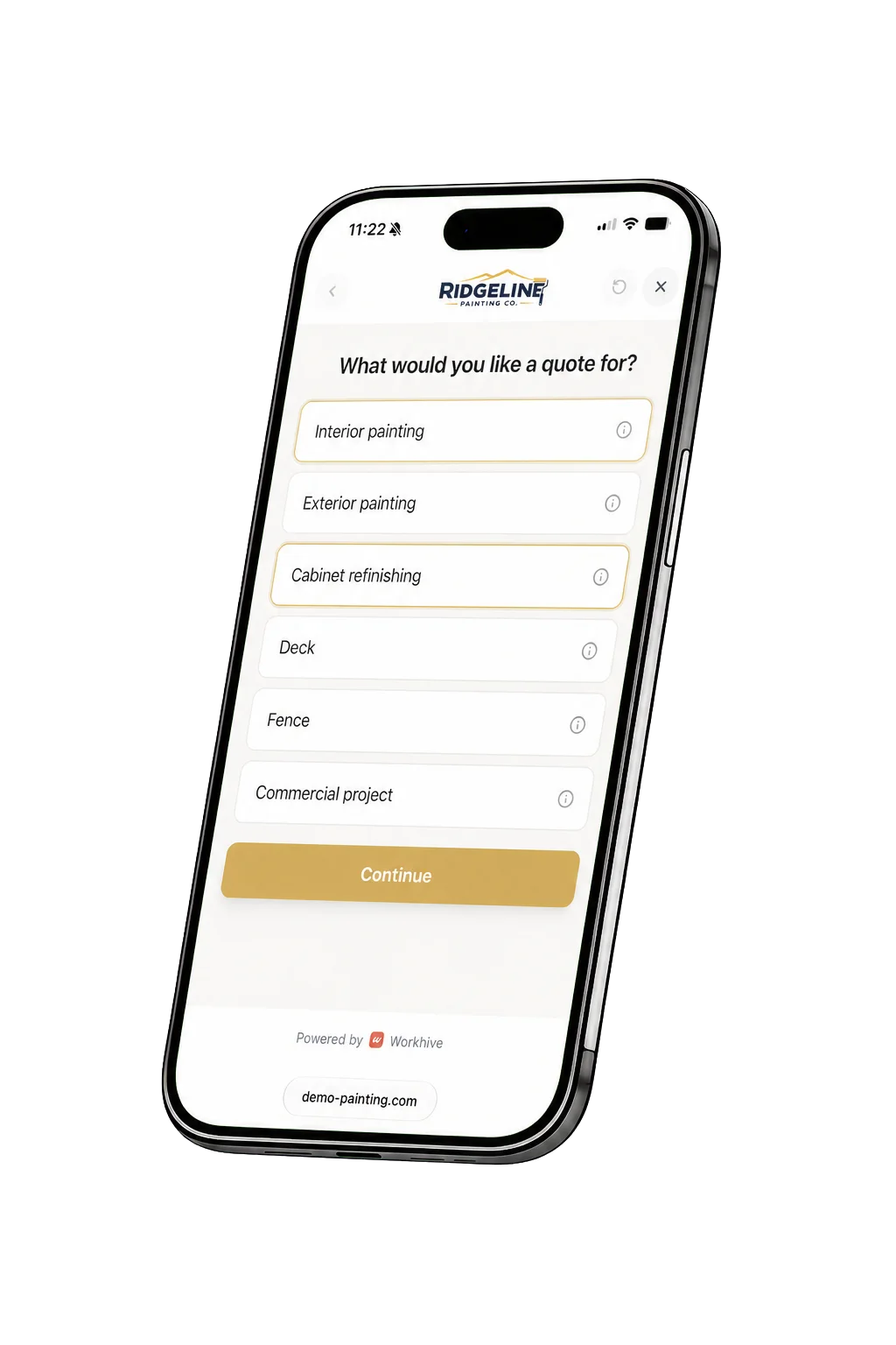 A phone showing a painting company's Instant Ballpark form, asking what the homeowner would like a quote for — interior painting, exterior painting, cabinet refinishing, deck, fence or a commercial project