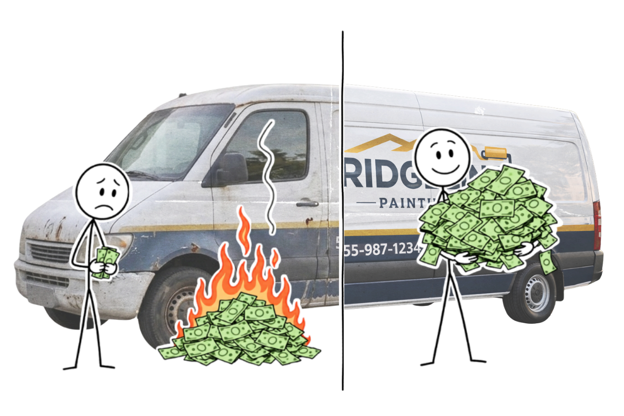 Two painters with the same van: one watching his money burn, the other holding a growing pile of cash.