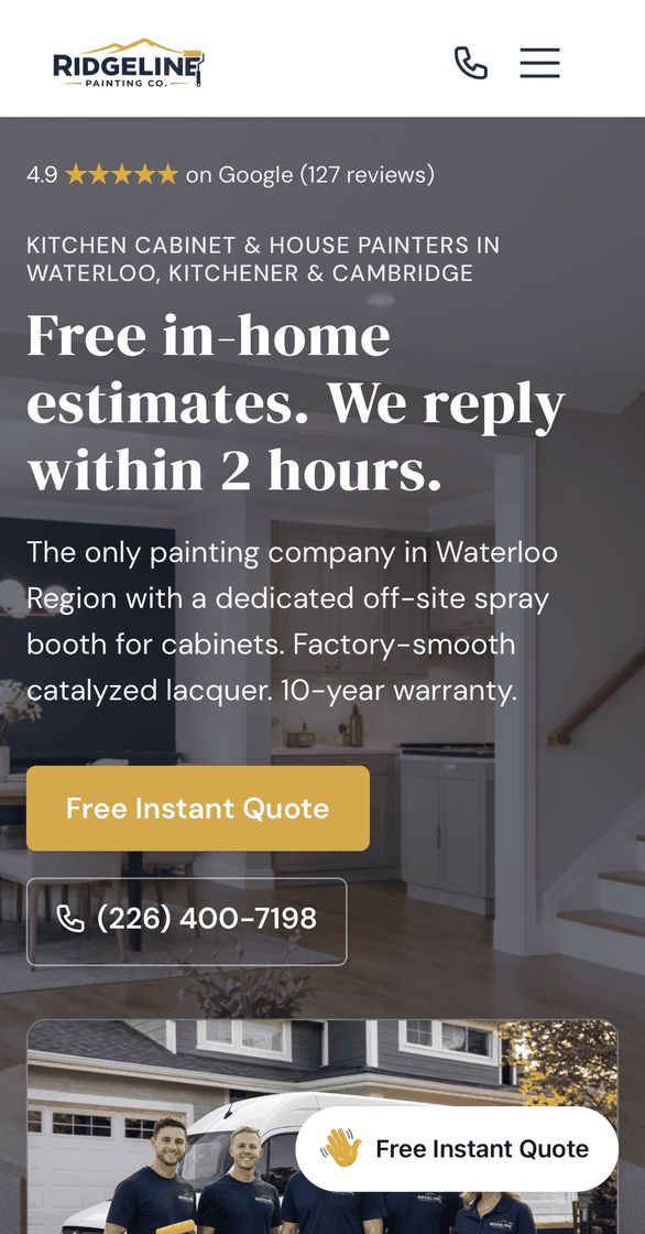 Example painting company website built by Workhive, shown on a phone.